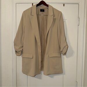 Tahari Open Front Blazer Jacket L Large Pumice Roll Tab Sleeve Lightweight T16